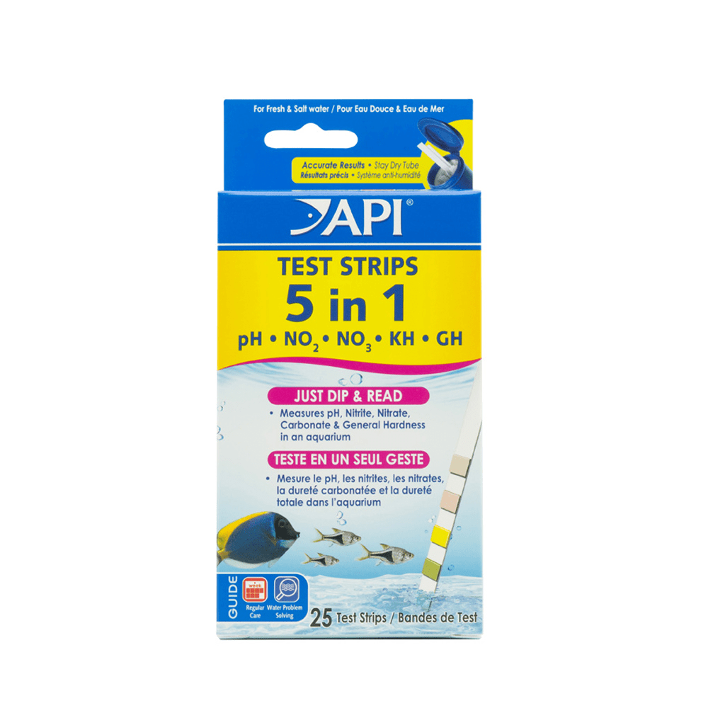 Confezione da 25 strisce test per acquario API 5-in-1 per pH, durezza, nitriti e nitrati