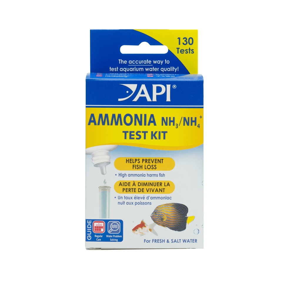 Kit test ammoniaca API liquido per acquario con due bottiglie di reagente e scala colorimetrica
